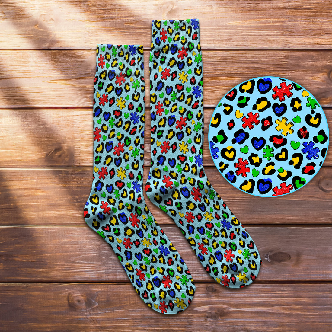Colorful Puzzle Heart Print Crew Socks, Unisex Casual Socks