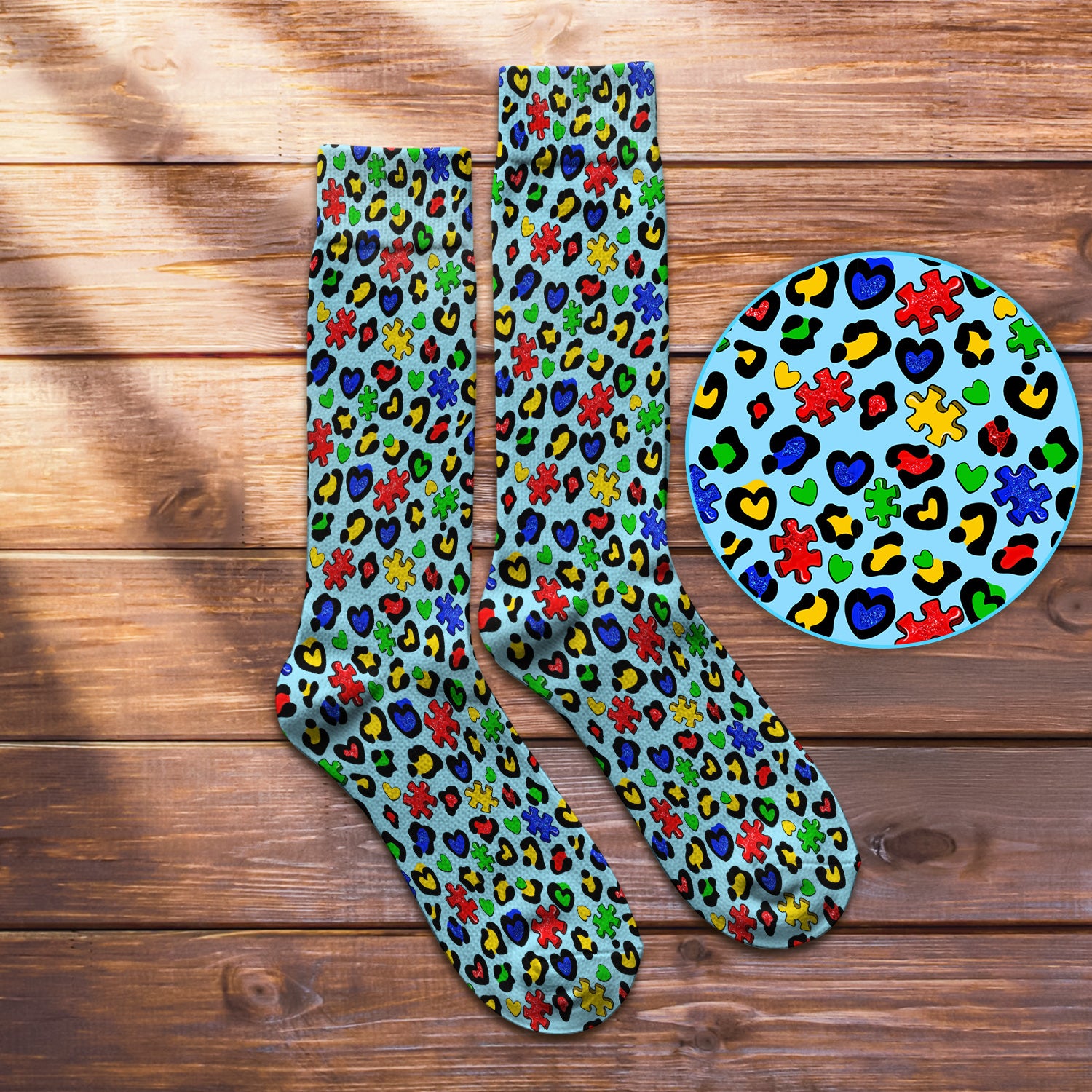 Colorful Puzzle Heart Print Crew Socks, Unisex Casual Socks