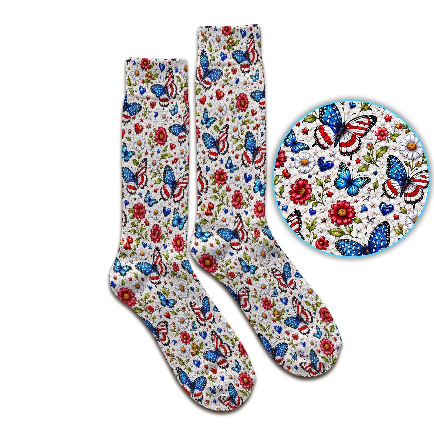 Patriotic Butterfly Daisy Heart Pattern Socks, Adult Socks for Men and Women