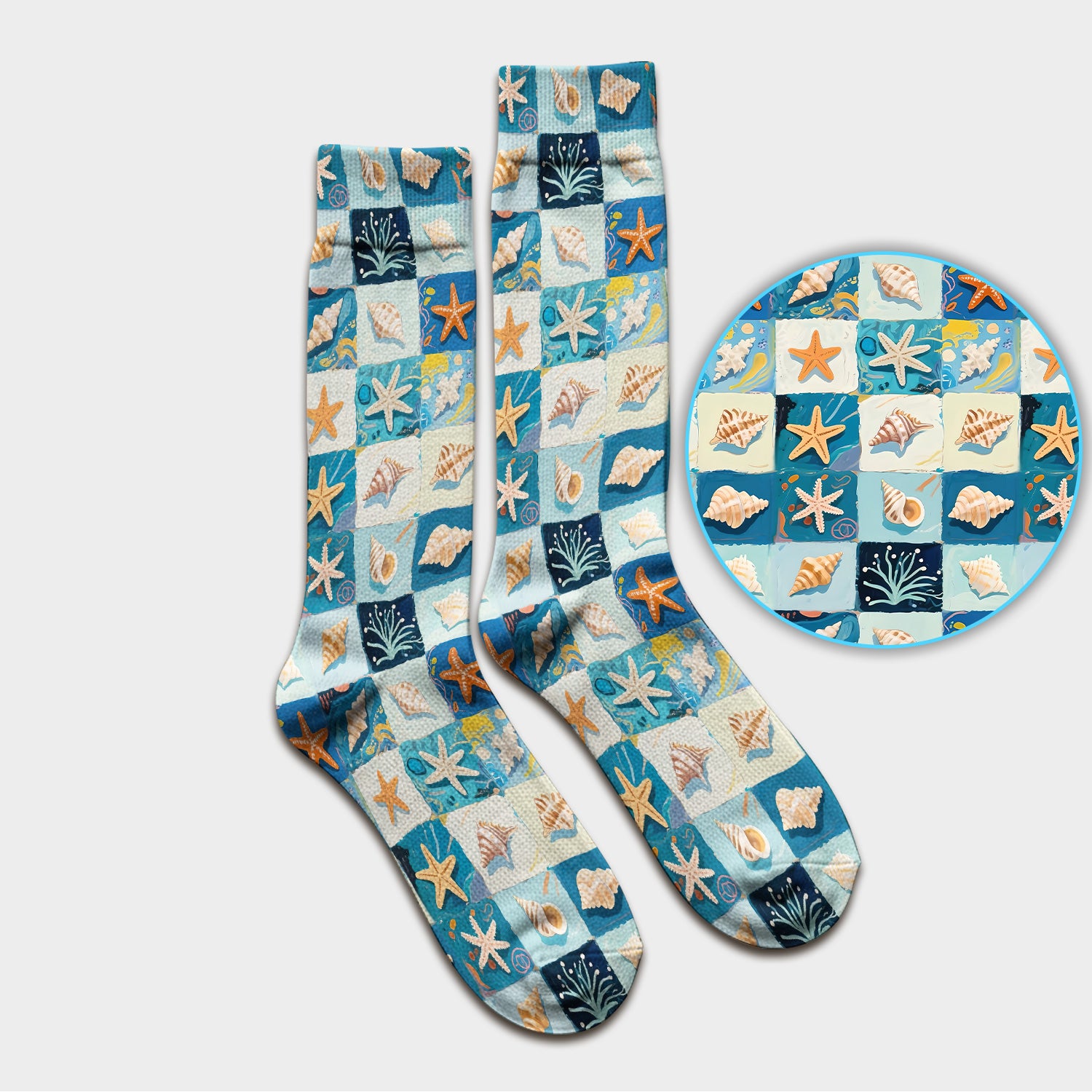 Cute Seashell Starfish Ocean Tile Pattern Socks, Adult Socks for Men and Women