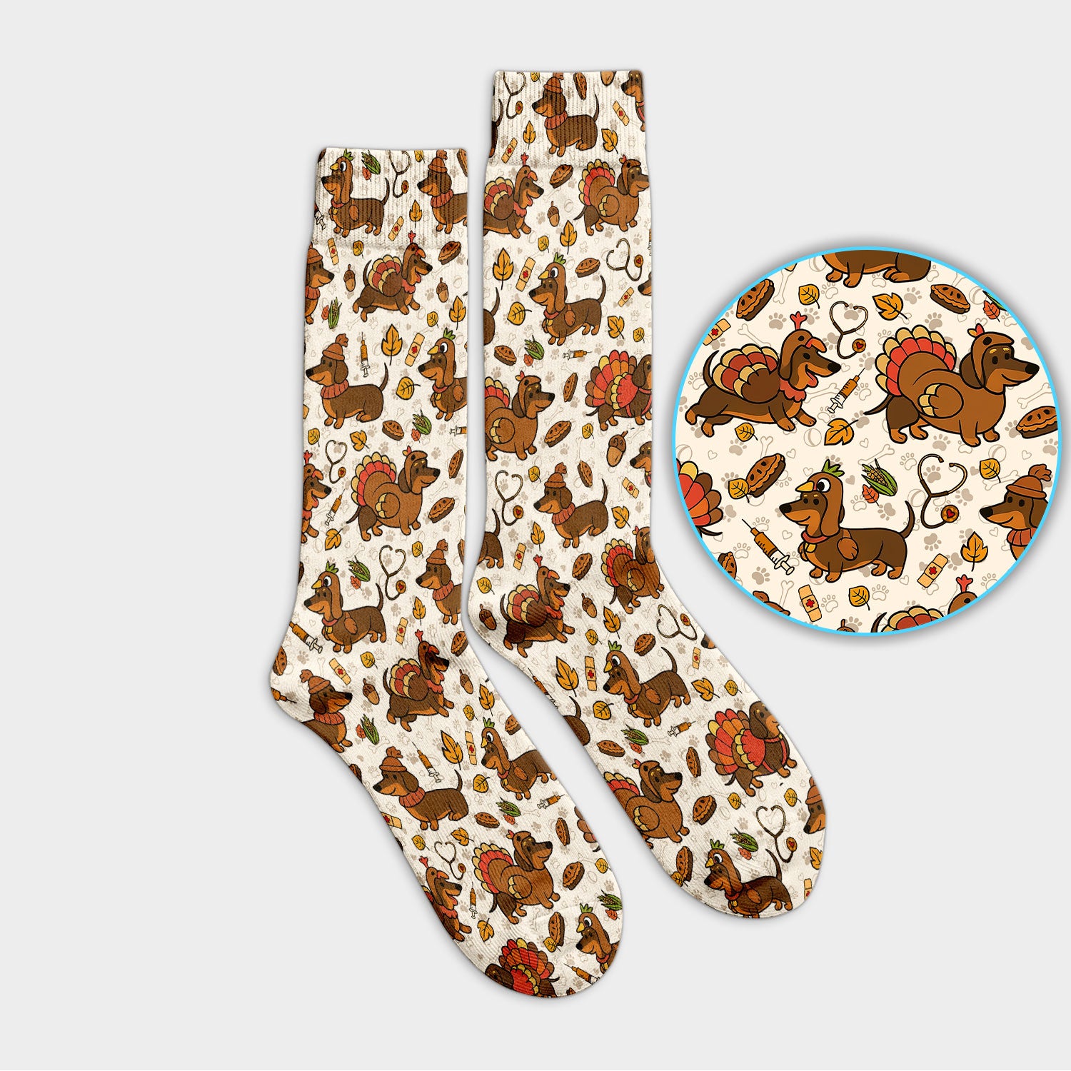 Thanksgiving Wiener Dog Socks for Nurse Doctor - Funny Dachshund Turkey Adult Socks for Men and Women