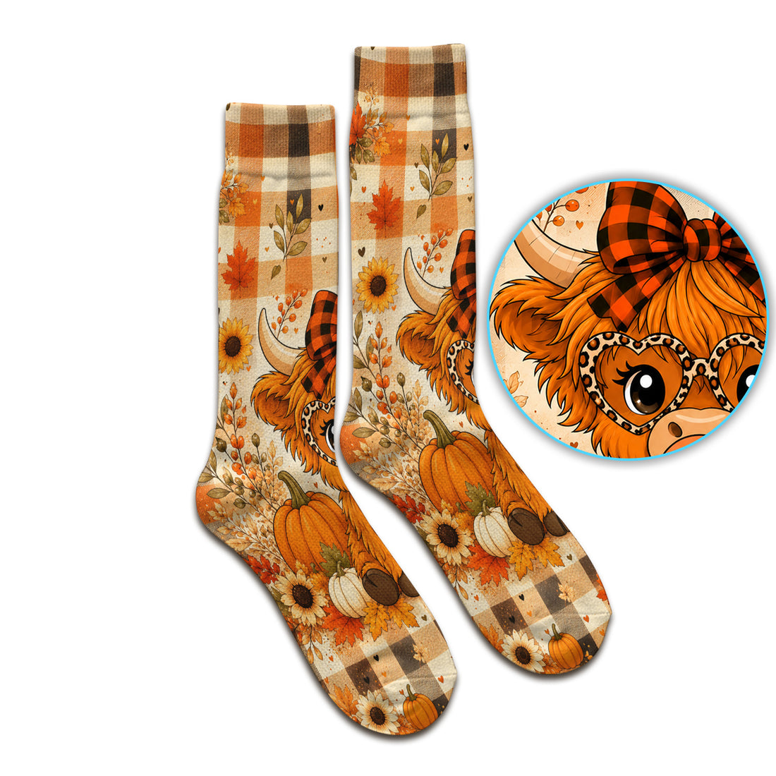 Cute Fall Highland Cow Plaid Print Socks, Adult Socks for Men and Women