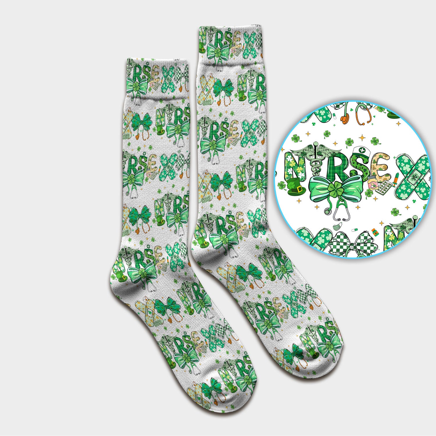 St. Patrick’s Nurse Scrub Socks, Lucky Clover And Green Bow Pattern Nurse Sock, Breathable Fabrics Nursing Uniform