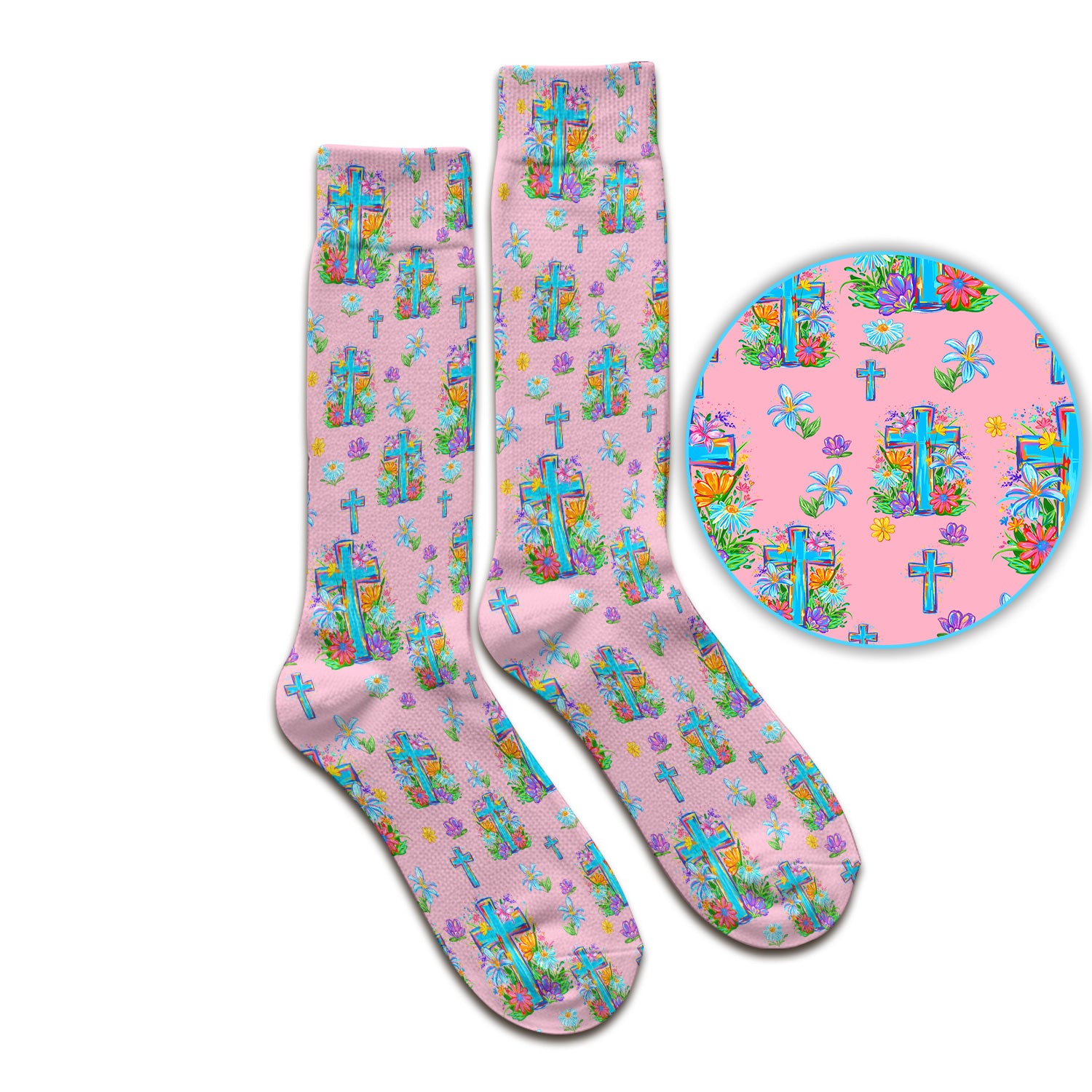 Christian Floral Cross Spring Pattern Socks, Breathable Fabrics Medical Uniform