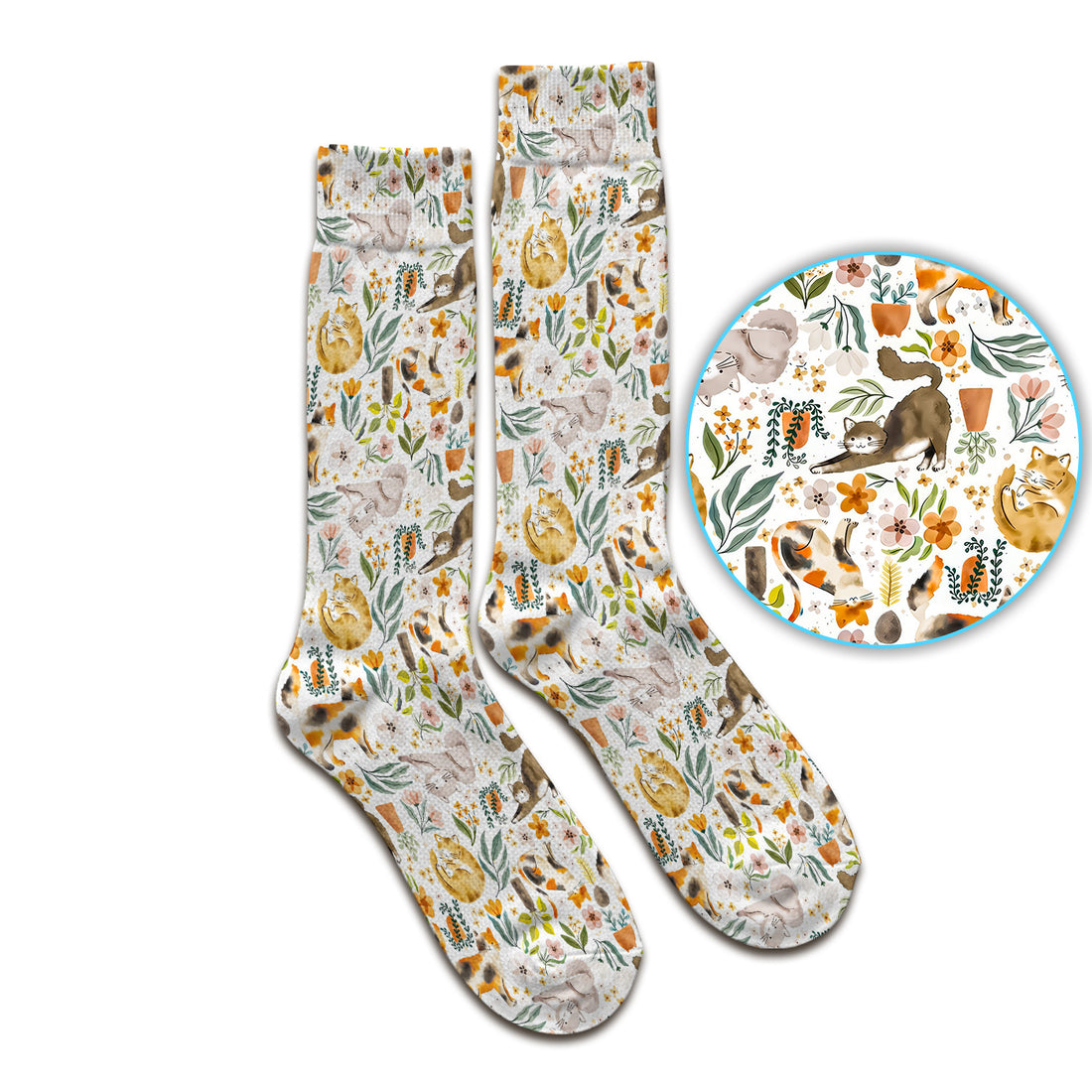 Cat Wildflower Garden Floral Pattern Socks, Adult Socks for Men and Women