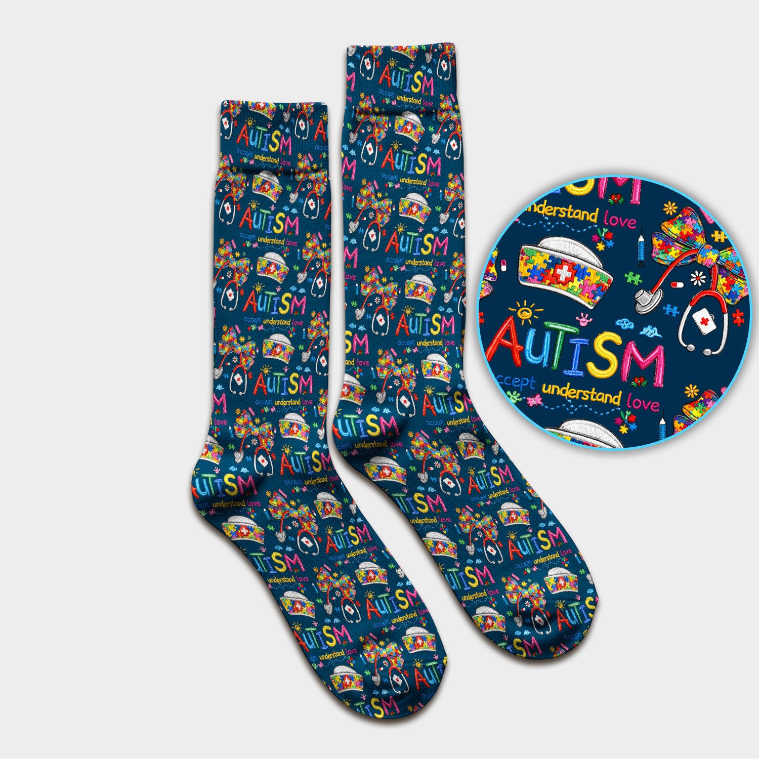 Autism Awareness Pattern Nurse Scrub Socks, Accept Understand Love Puzzle Nurses Sock, Breathable Fabrics Nursing Uniform
