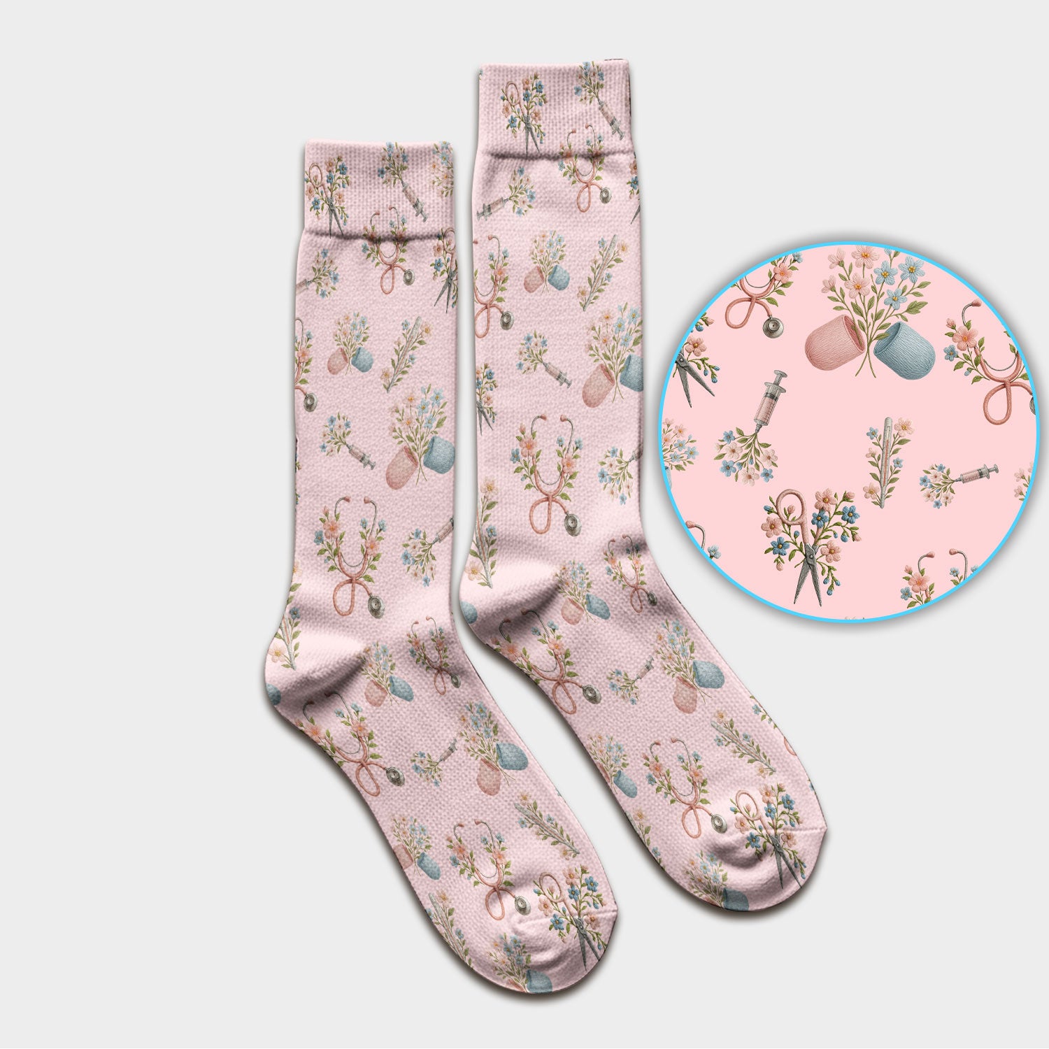 Floral Medical Scrub Socks, Elegant Stethoscope With Flower Nursing Sock, Breathable Fabrics Nurse Uniform