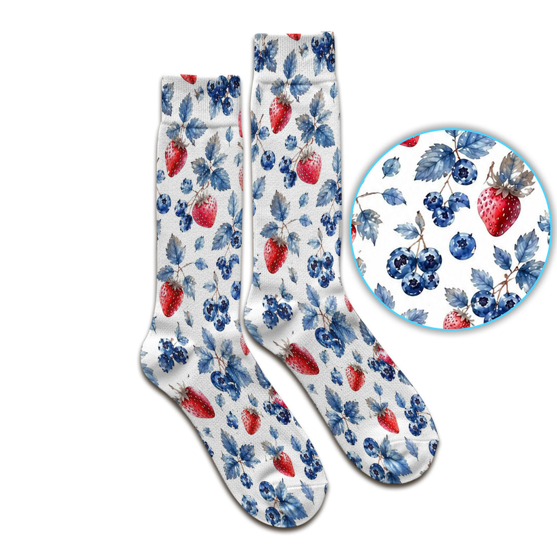 Cute Strawberry & Blueberry Leaf Pattern Socks, Adult Socks for Men and Women