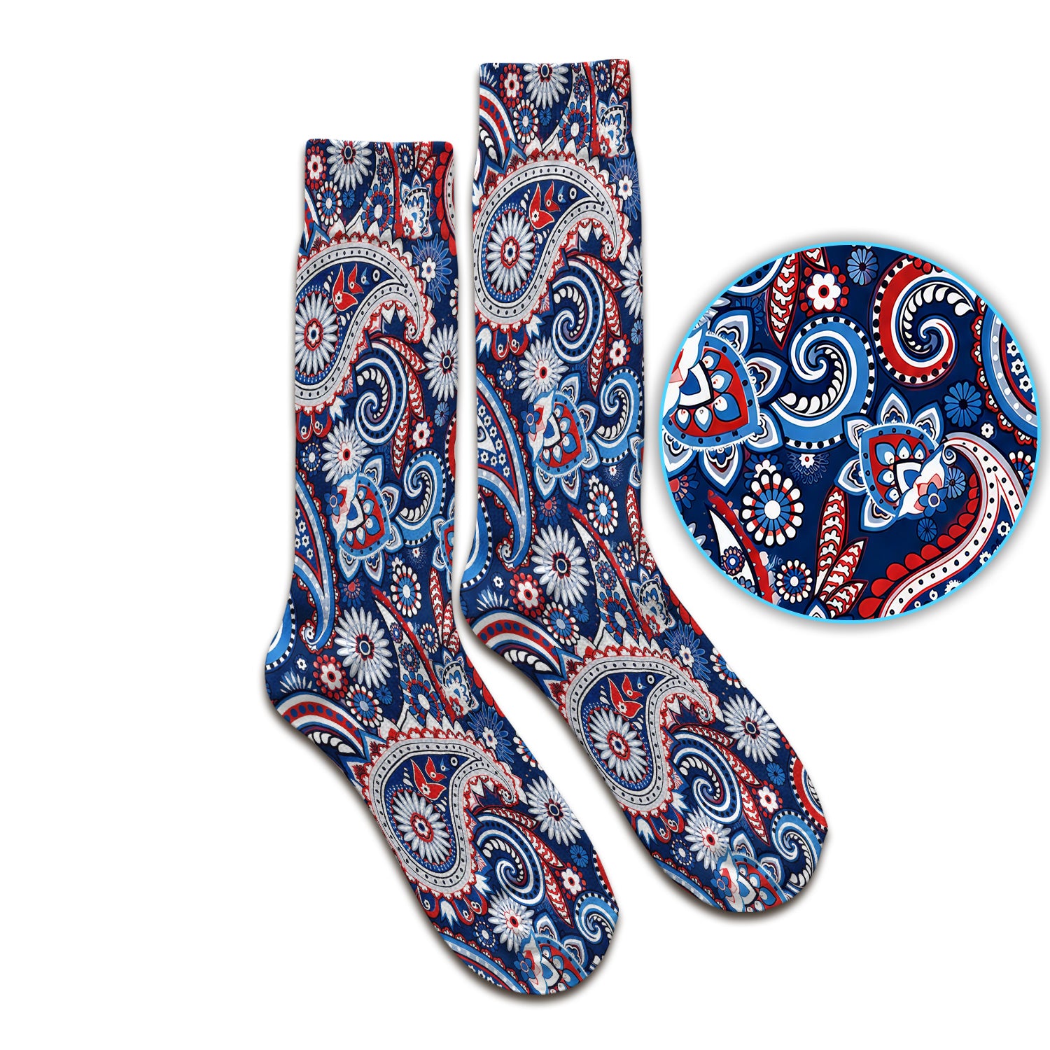 Patriotic Red White Blue Paisley Pattern Socks, Adult Socks for Men and Women