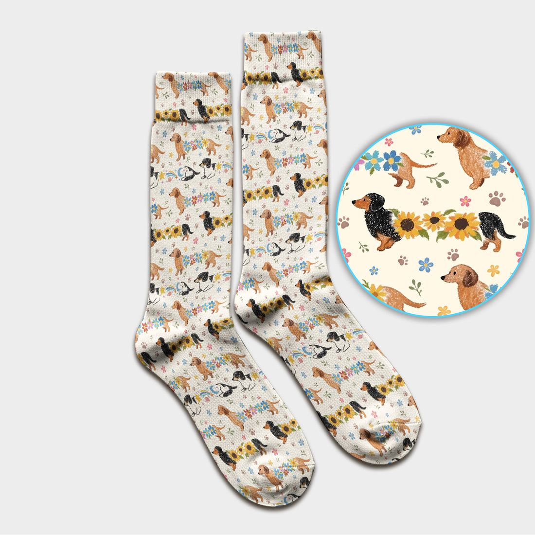 Floral Wiener Dog Pattern Socks, Adult Socks for Men and Women