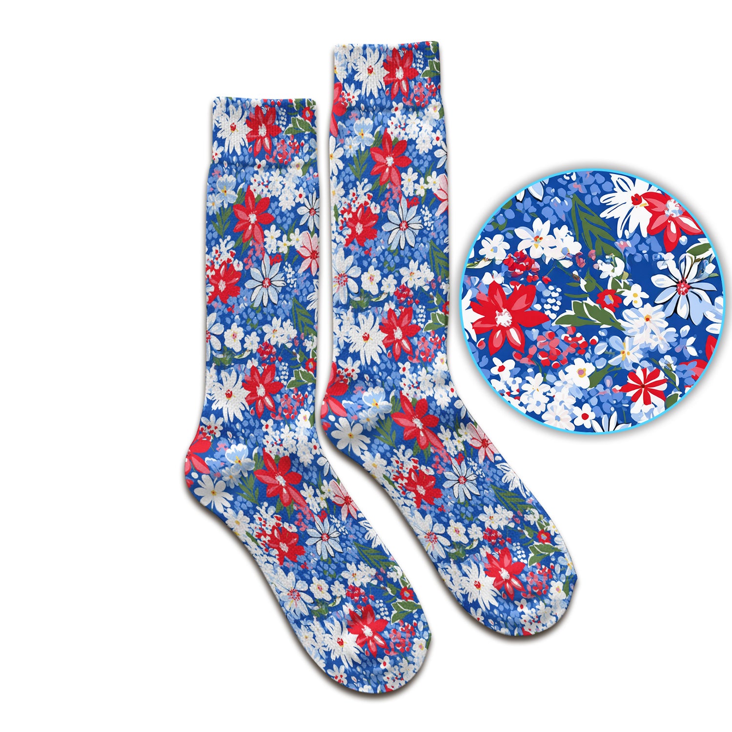Patriotic Red White Blue Floral Garden Print Socks, Adult Socks for Men and Women