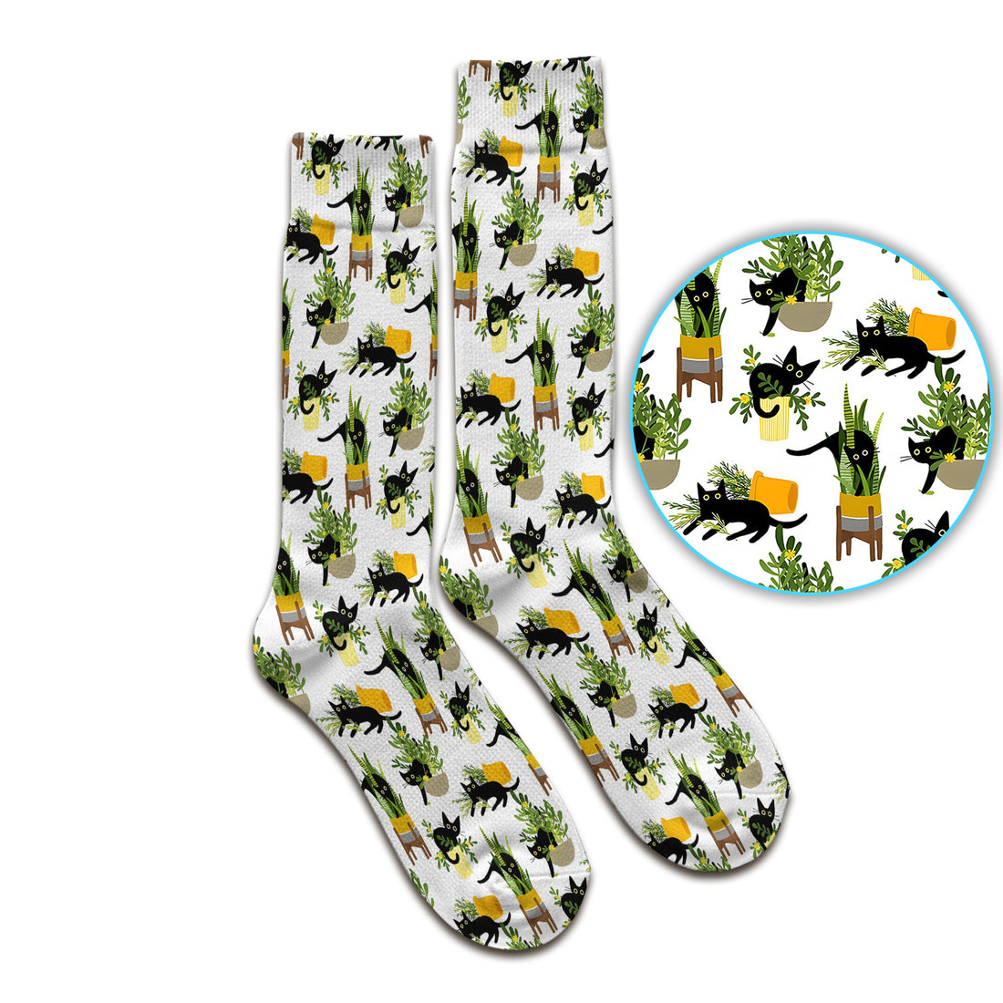 Black Cat Plant Pots Pattern Socks, Adult Socks for Men and Women