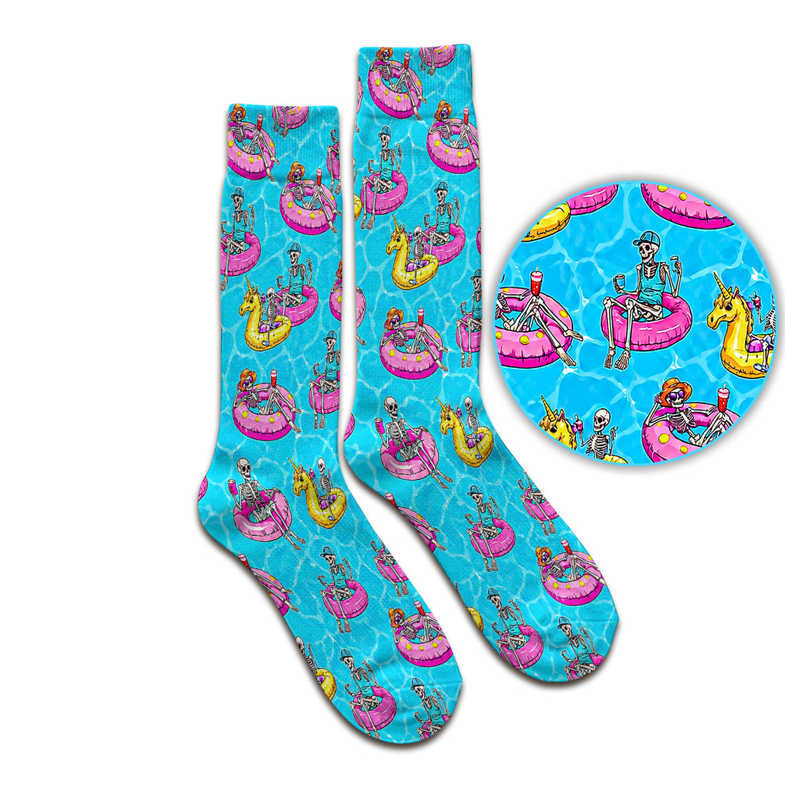 Summerween Skeleton with Pool Float Print Socks, Adult Socks for Men and Women