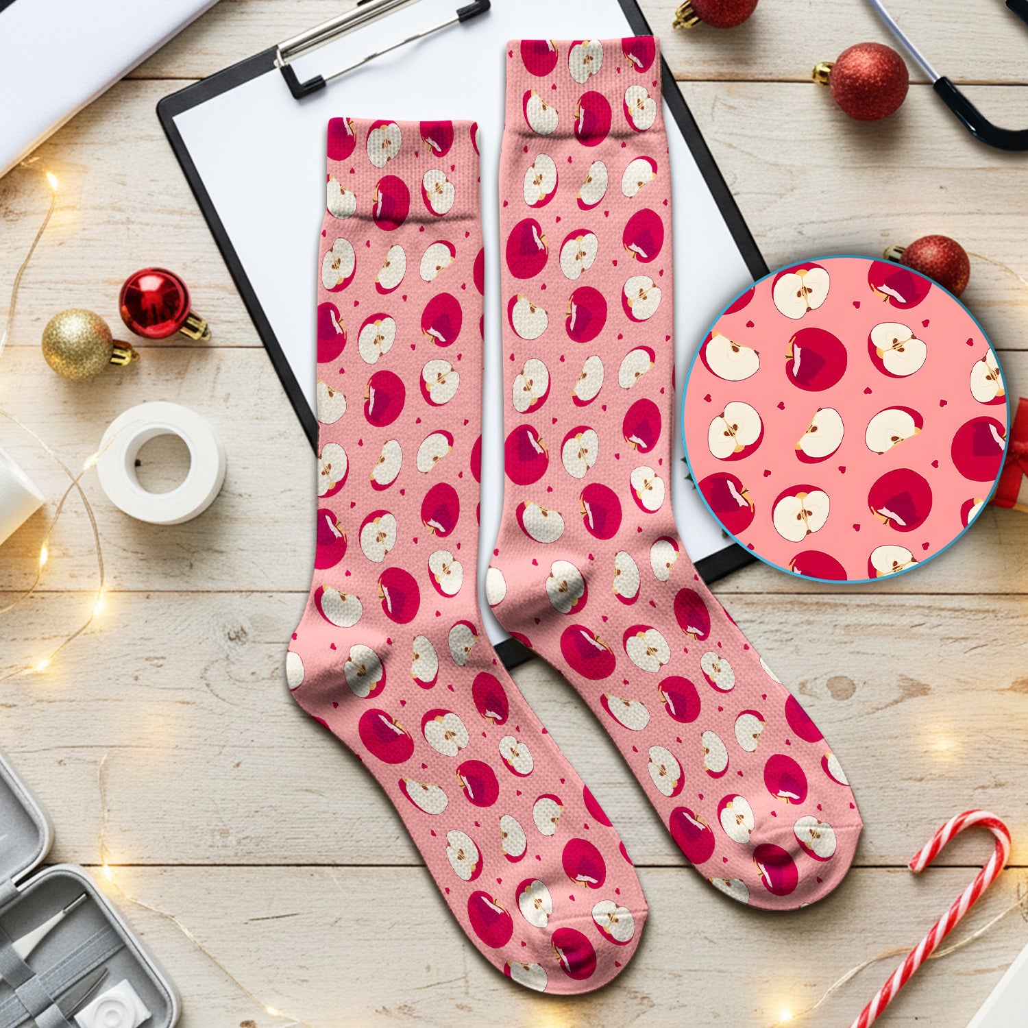 Cute Red Apple Fruit Pattern Socks, Breathable Fabrics Medical Uniform
