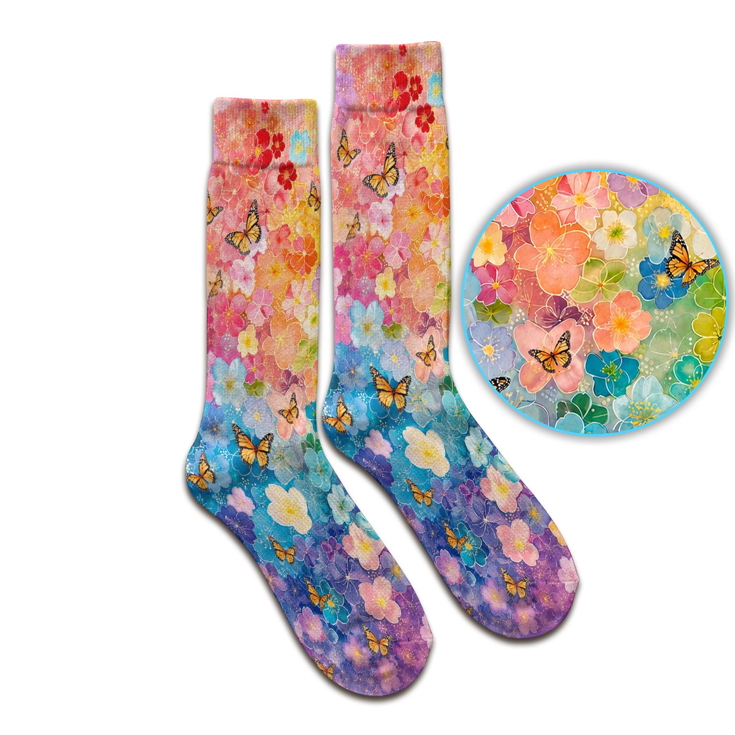 Rainbow Butterfly Floral Blossom Pattern Socks, Adult Socks for Men and Women