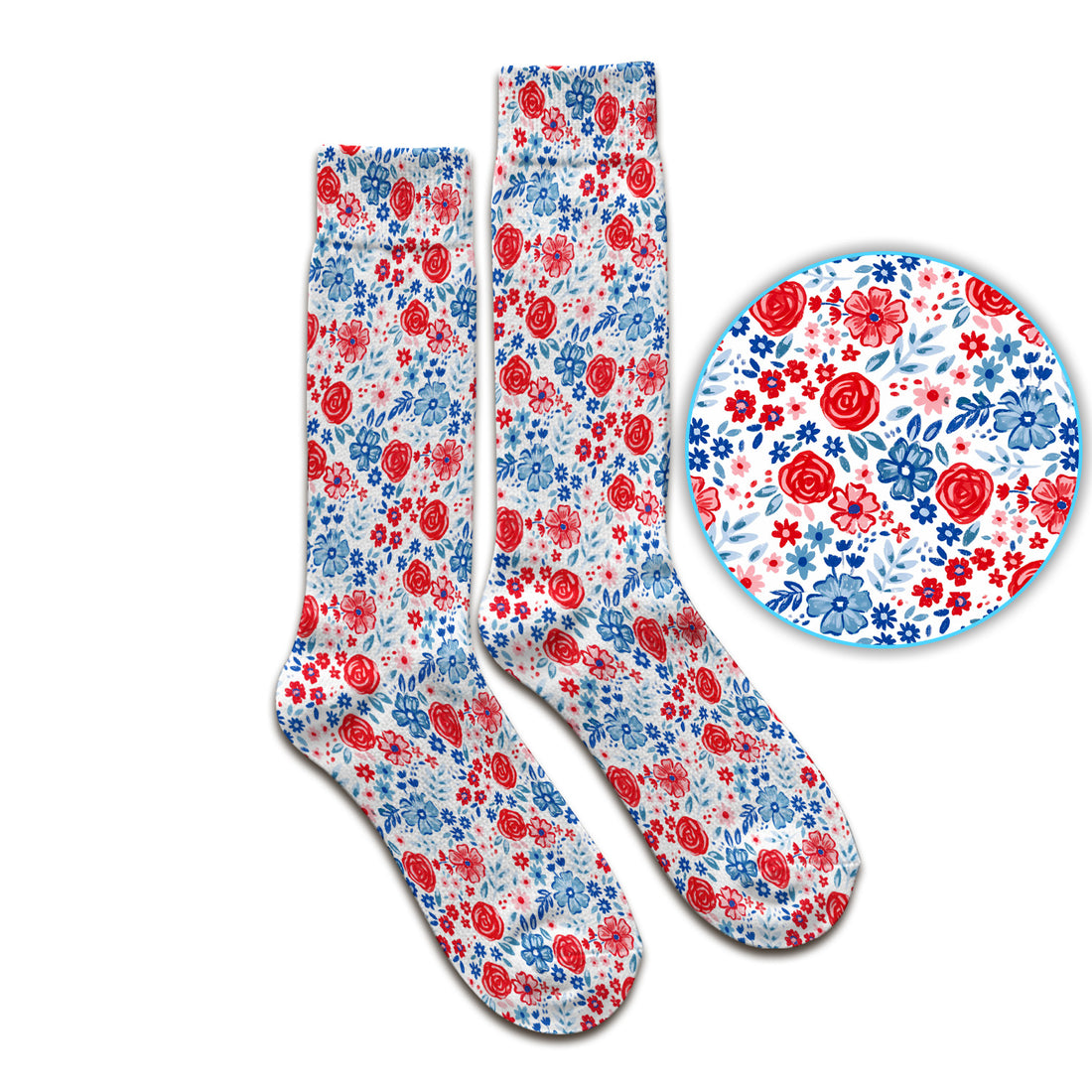 Red Blue Floral Garden Blossom Pattern Socks, Adult Socks for Men and Women