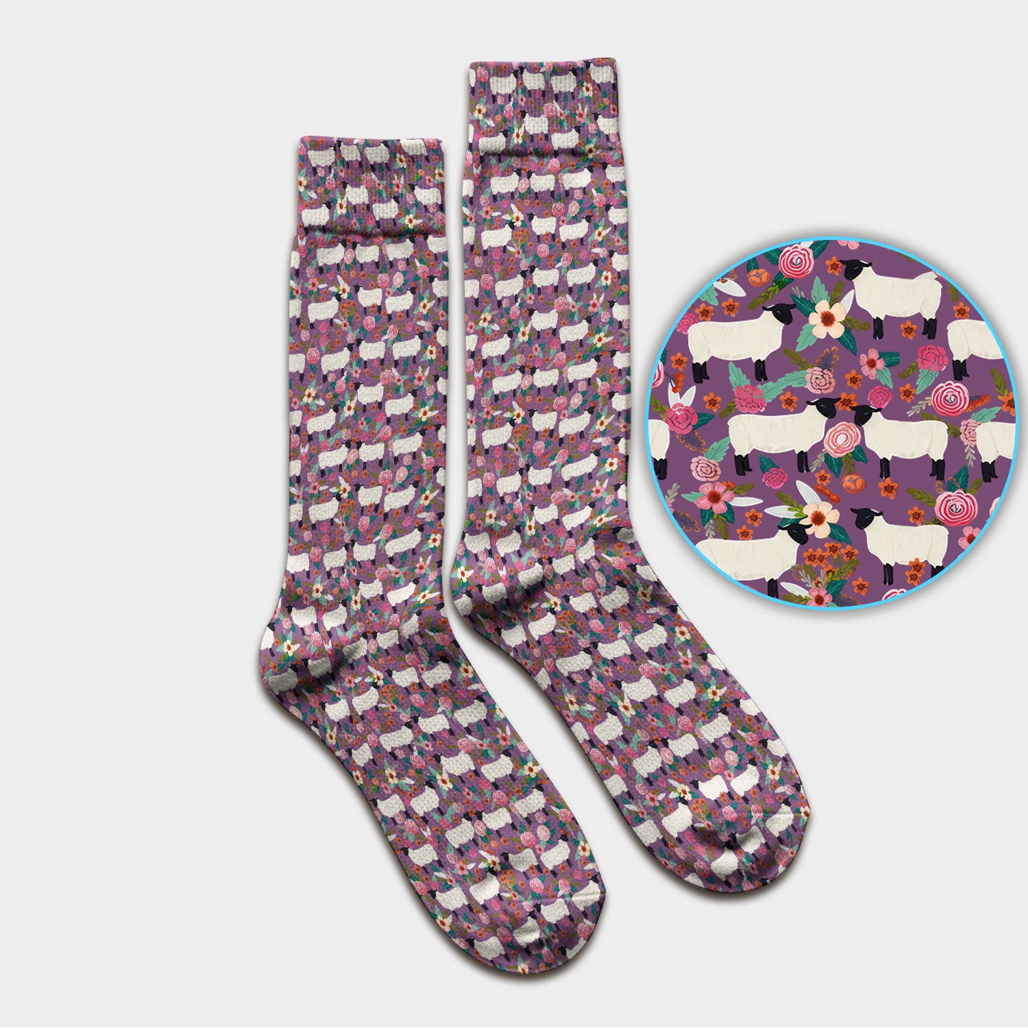 Cute Sheep Floral Meadow Pattern Socks, Adult Socks for Men and Women