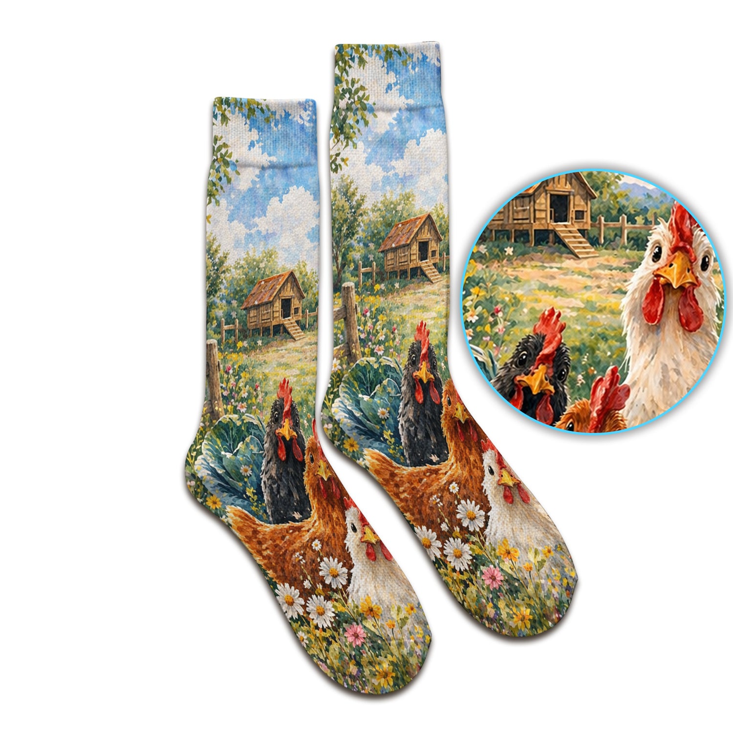 Rustic Chicken Family Farm Garden Pattern Nurse Socks, Adult Socks for Men and Women