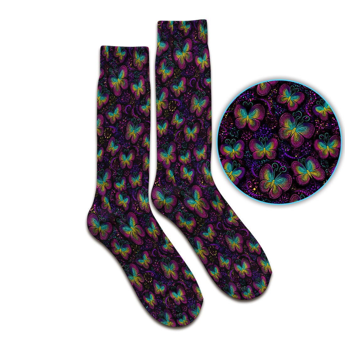 Cute Neon Butterfly Swirl Pattern Socks, Adult Socks for Men and Women