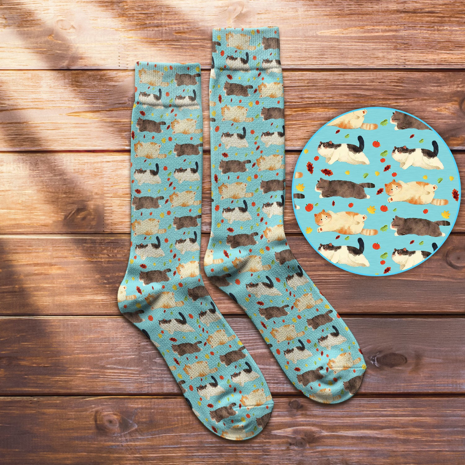 Chubby Cat Autumn Leaves Print Socks, Breathable Fabrics Medical Uniform