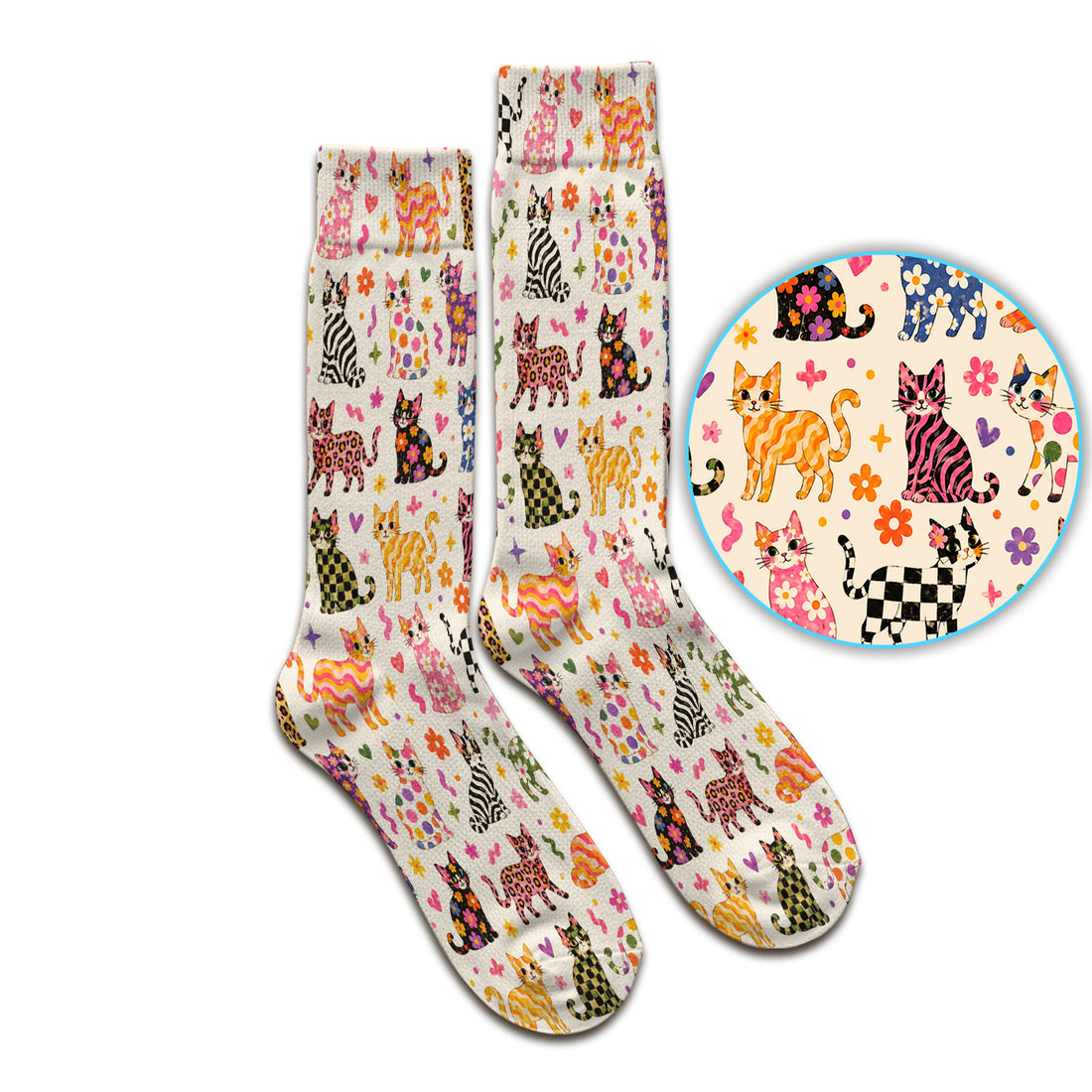 Colorful Cat with Floral Print Socks, Adult Socks for Men and Women