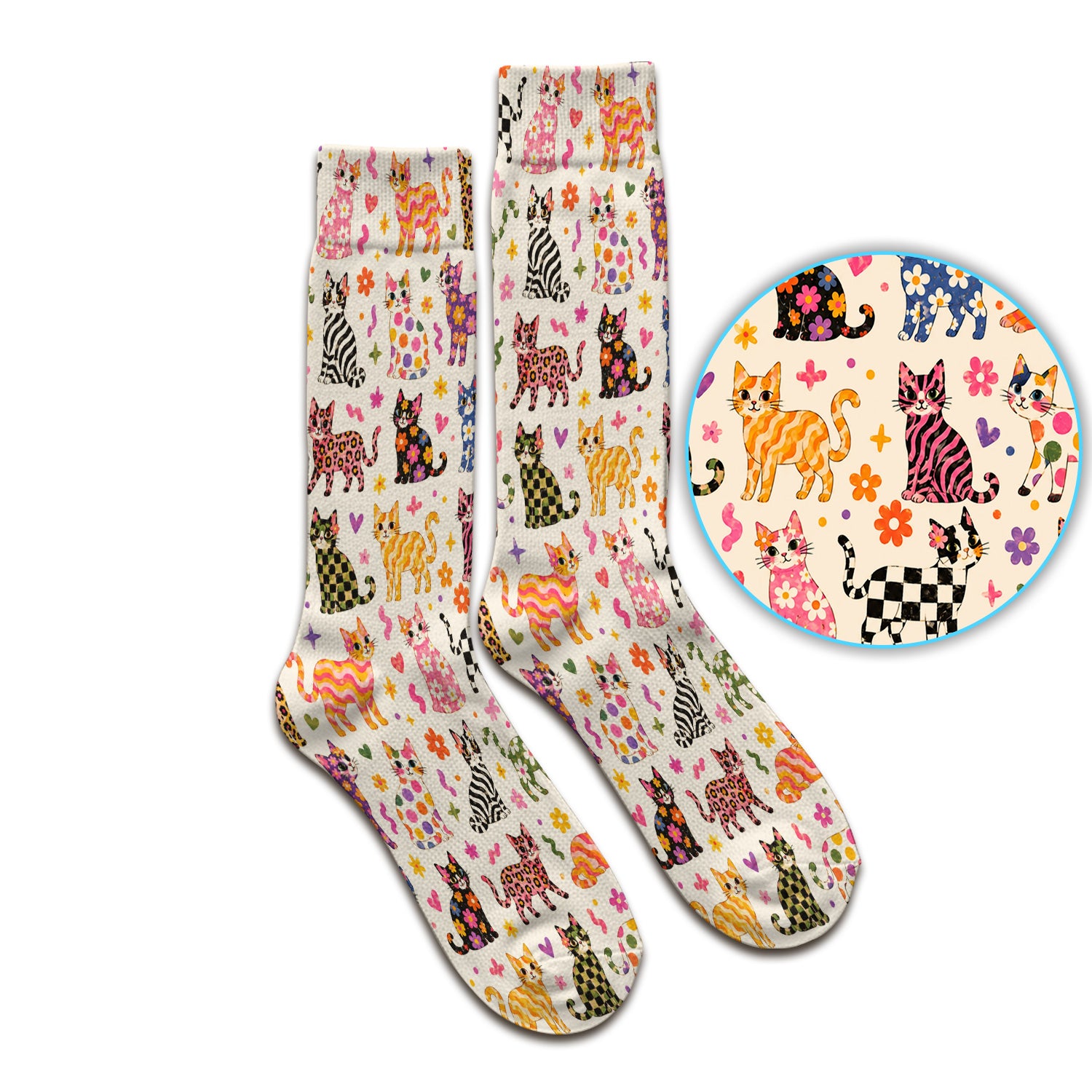 Colorful Cat with Floral Print Socks, Adult Socks for Men and Women
