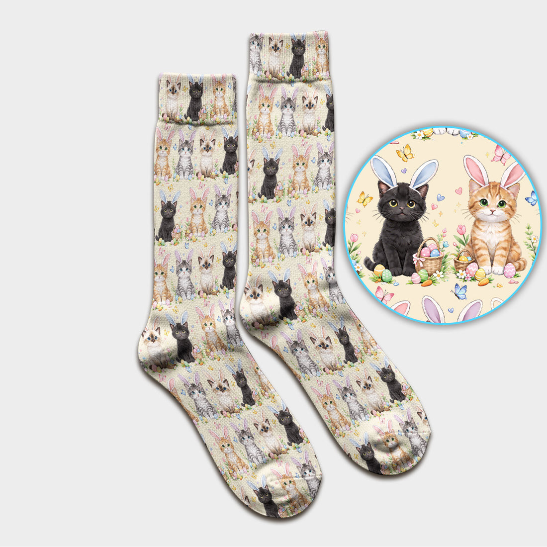 Easter Kitten Bunny Ears Pattern Socks, Adult Socks for Men and Women