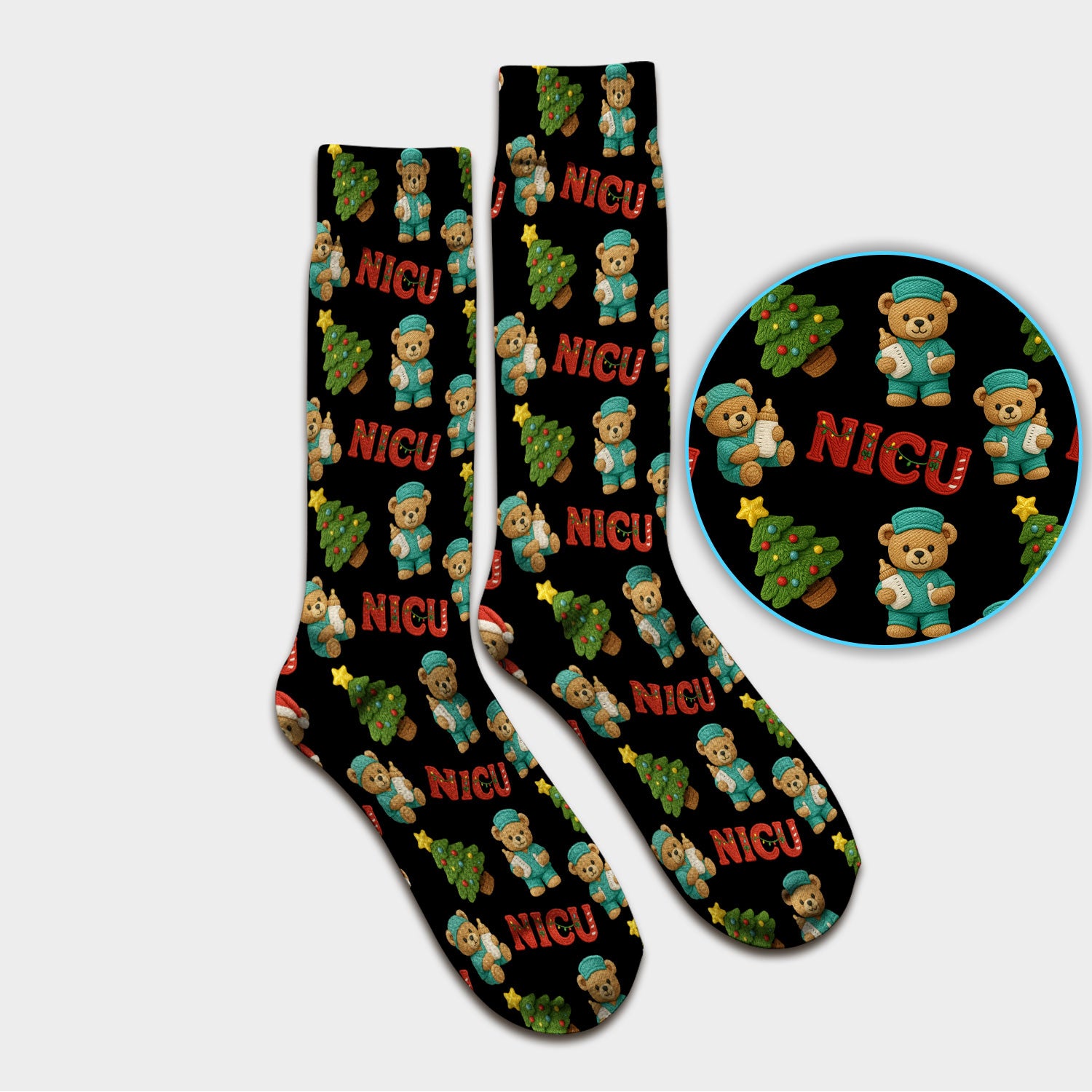 Festive Christmas NICU Nurse Teddy Bear Pattern Print Socks, Adult Socks for Men and Women