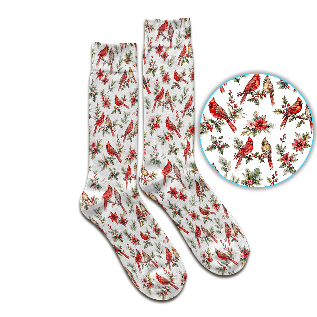 Festive Cardinal and Holly Socks, Adult Socks for Men and Women