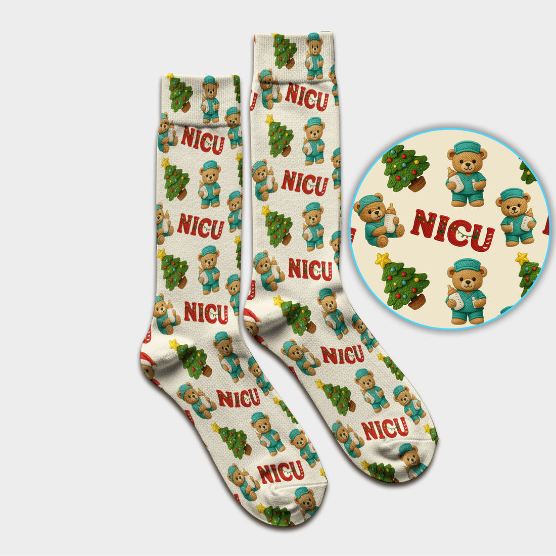 Festive Christmas NICU Nurse Teddy Bear Pattern Print Socks, Adult Socks for Men and Women
