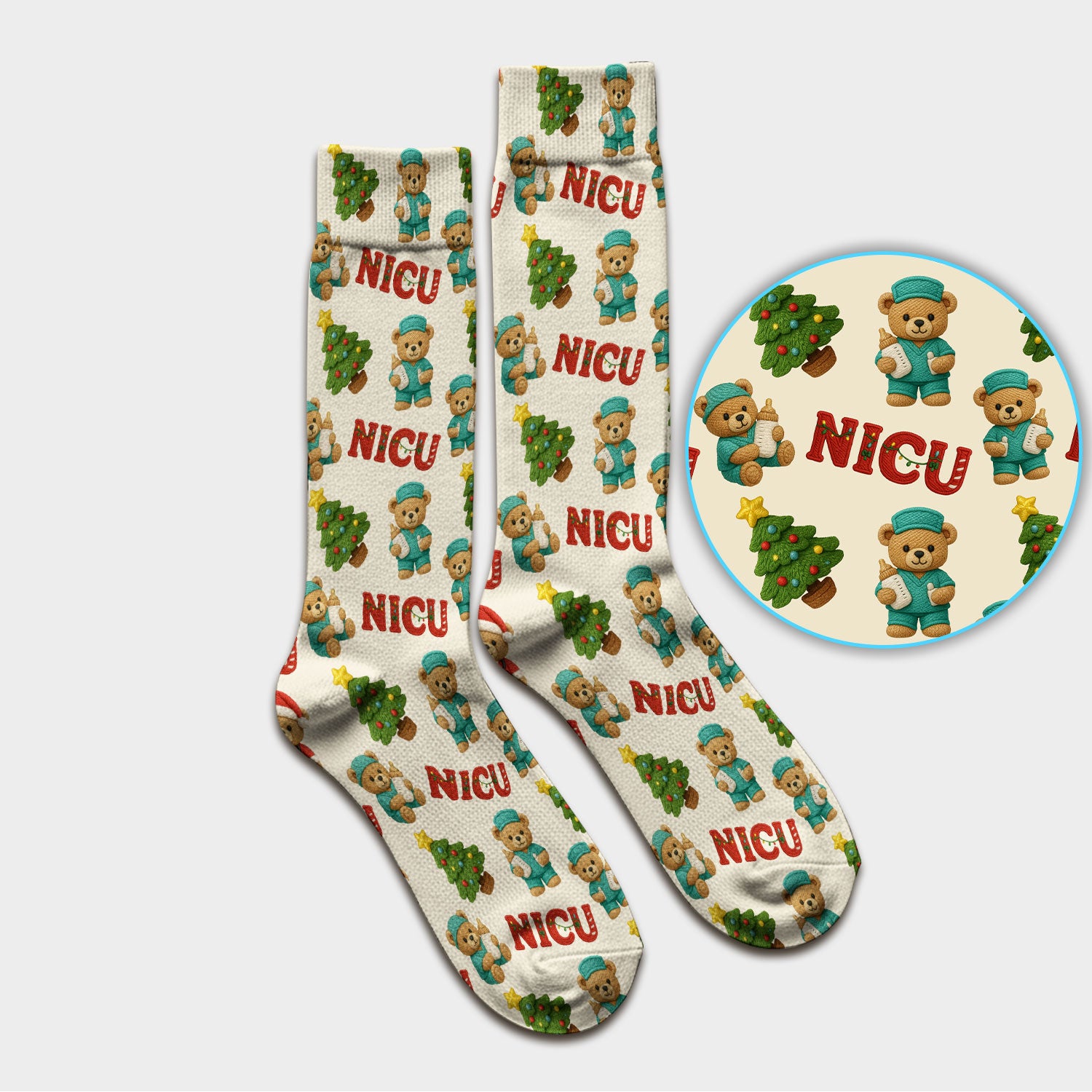 Festive Christmas NICU Nurse Teddy Bear Pattern Print Socks, Adult Socks for Men and Women