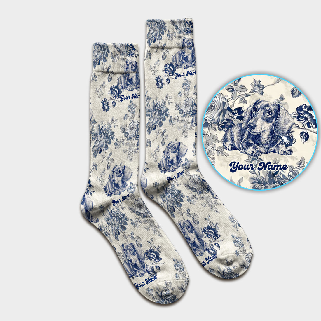 Personalized Vintage Floral Dachshund Portrait Socks, Adult Socks for Men and Women