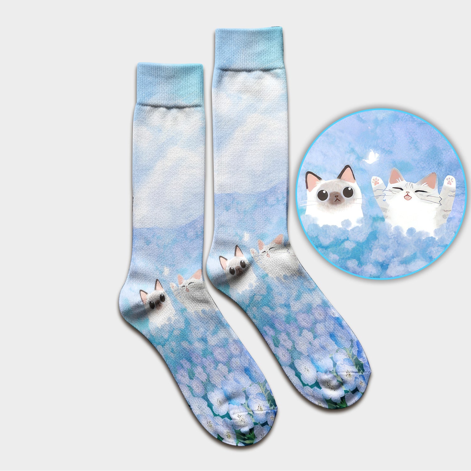 Dreamy Cat Cloud Hydrangea Sky Pattern Socks, Adult Socks for Men and Women