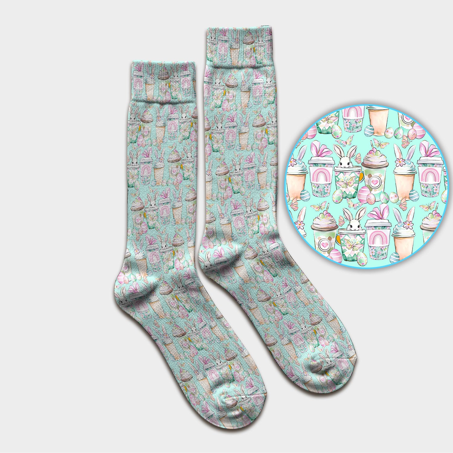Cute Easter Bunny Coffee Cup Pattern Socks, Adult Socks for Men and Women