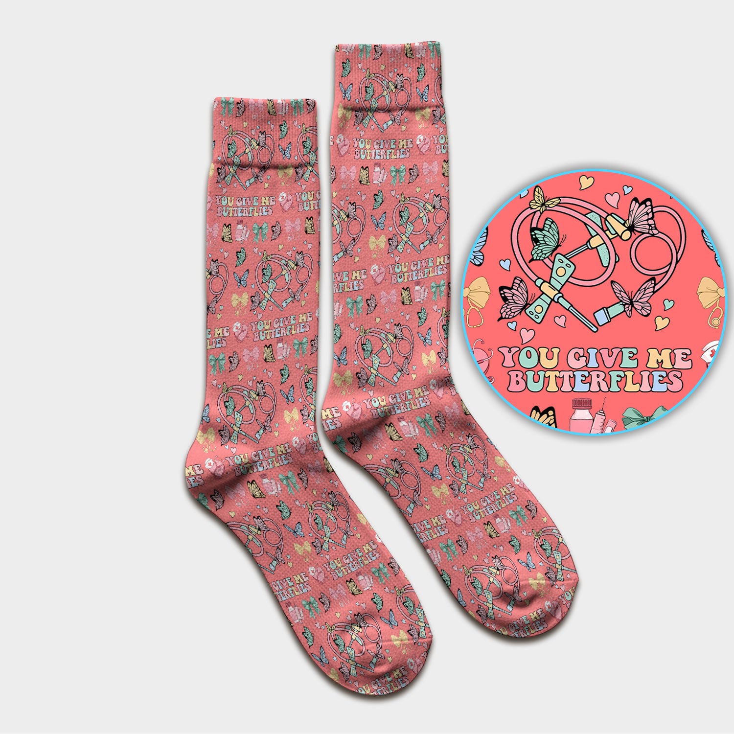 Butterfly Heart Valentine Medical Pattern Socks, Adult Socks for Men and Women