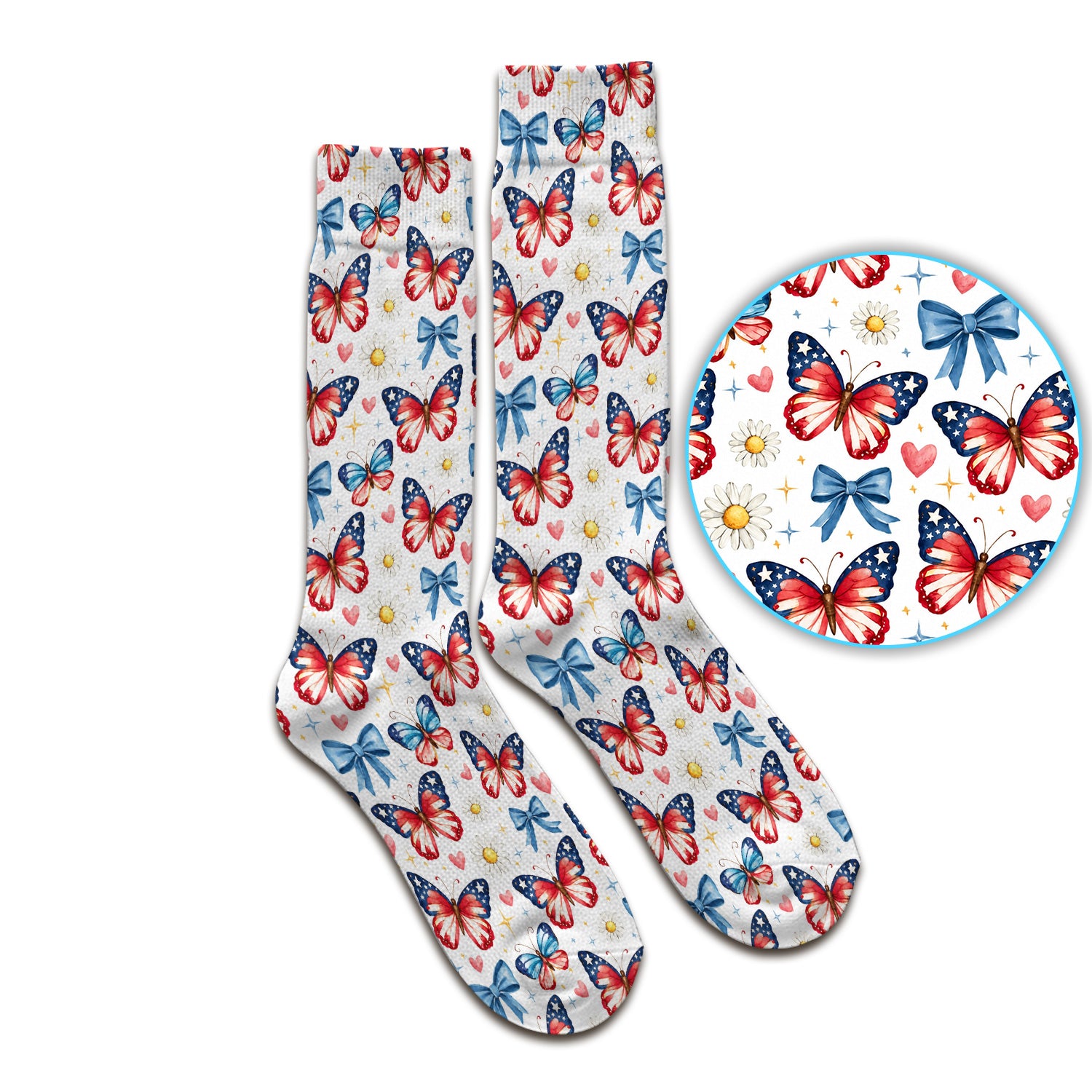 Patriotic Butterfly Bow Daisy Pattern Socks, Adult Socks for Men and Women