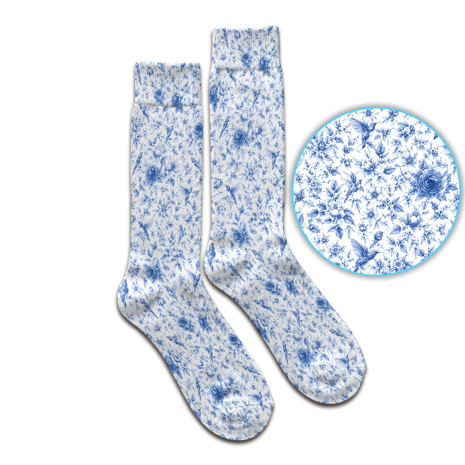 Blue Floral Hummingbird Toile Pattern Socks, Adult Socks for Men and Women
