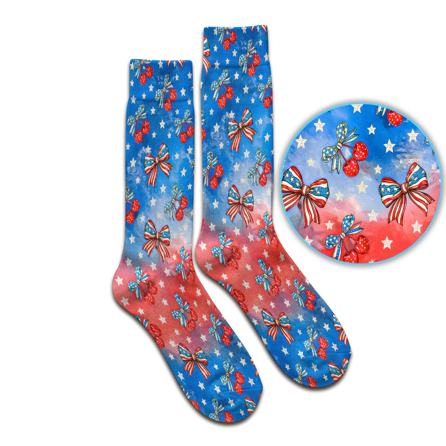 Festive Patriotic Star Bow Cherry Pattern Socks, Adult Socks for Men and Women