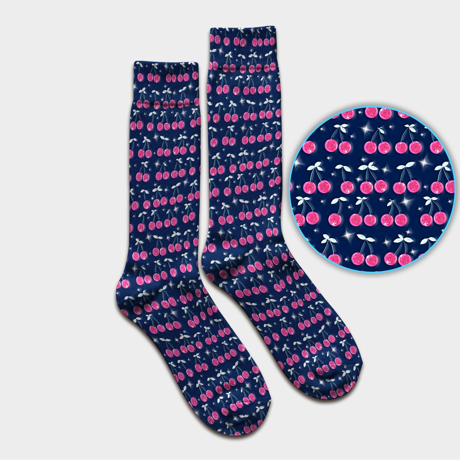 Pink Cherry Sparkle Print Socks, Adult Socks for Men and Women