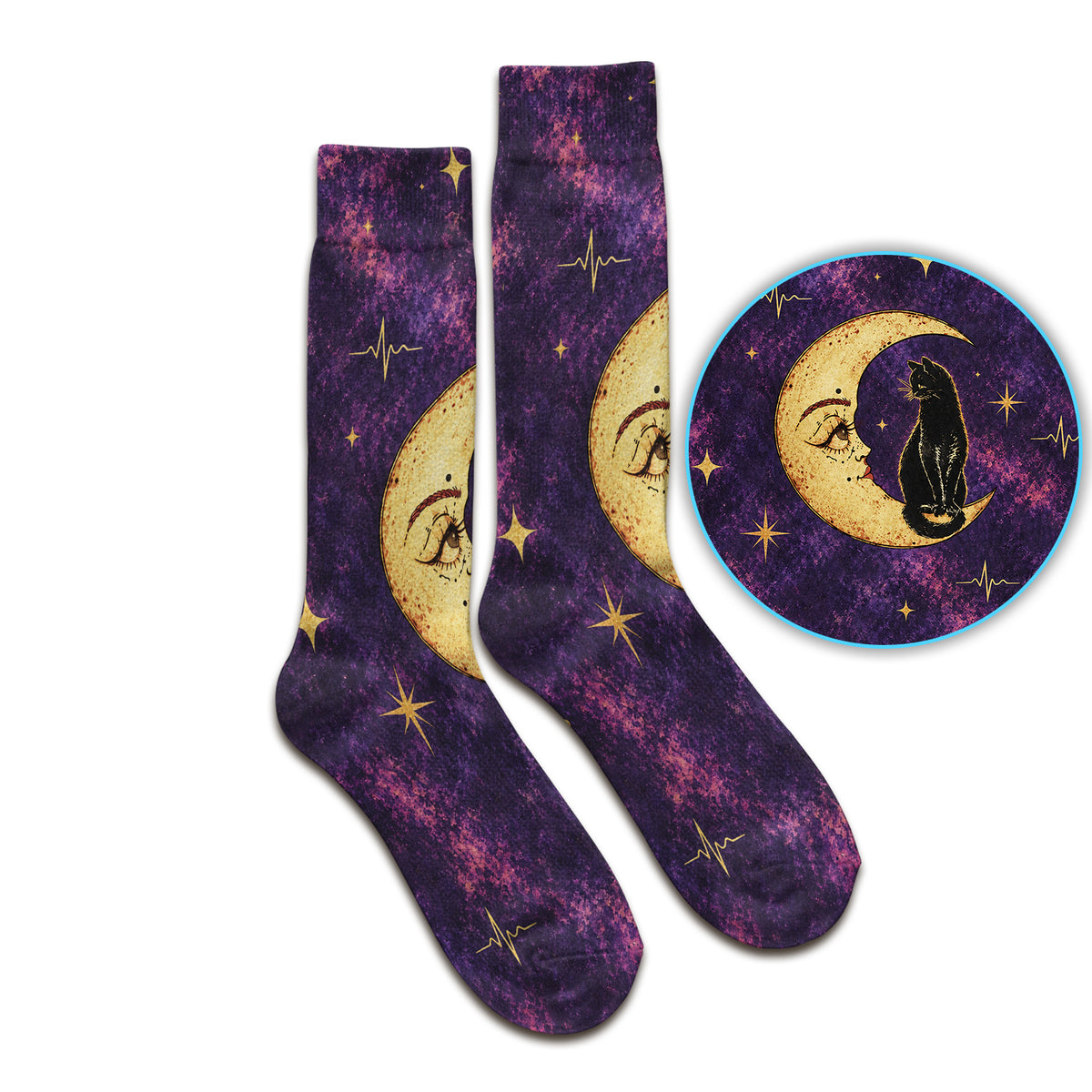 Celestial Nurse Black Cat Crescent Moon Socks, Adult Socks for Men and Women