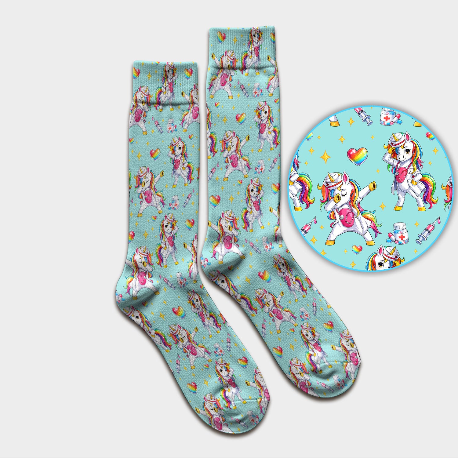 Playful Nurse Unicorn Rainbow Pattern Medical Socks, Socks for Nurse Doctor