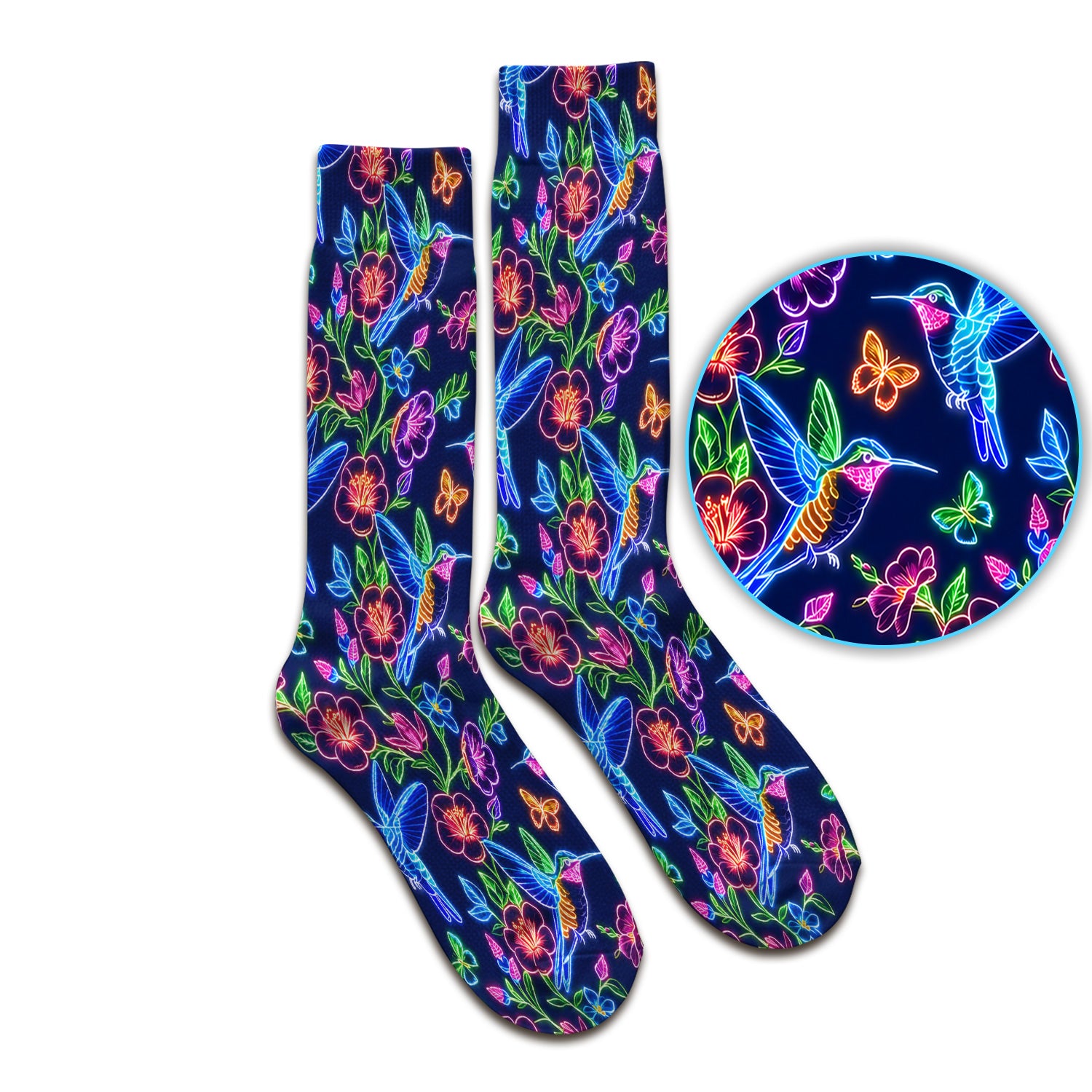 Neon Hummingbird Floral Garden Pattern Socks, Adult Socks for Men and Women