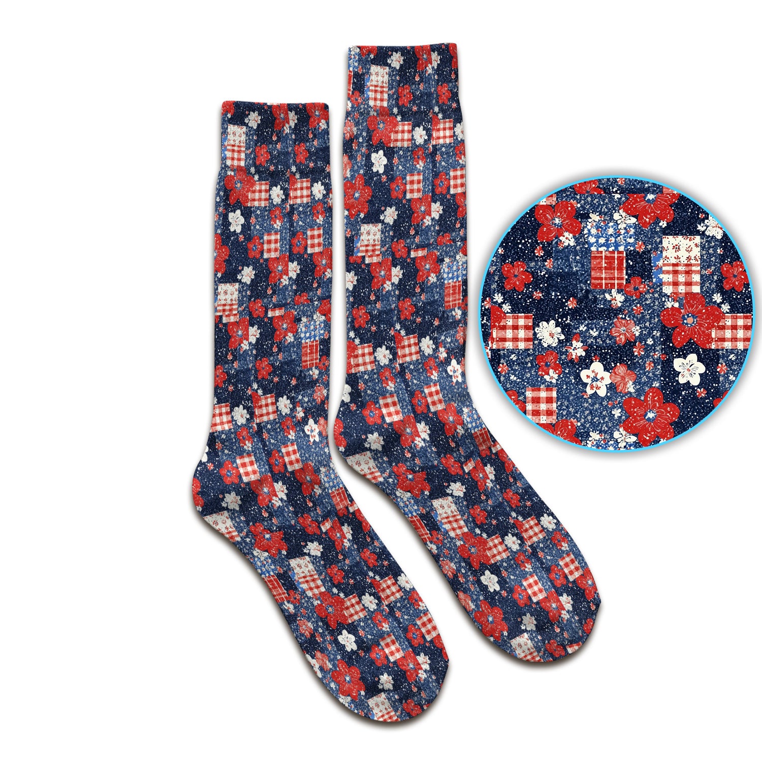 Patriotic Gingham Floral Patchwork Pattern Socks, Adult Socks for Men and Women