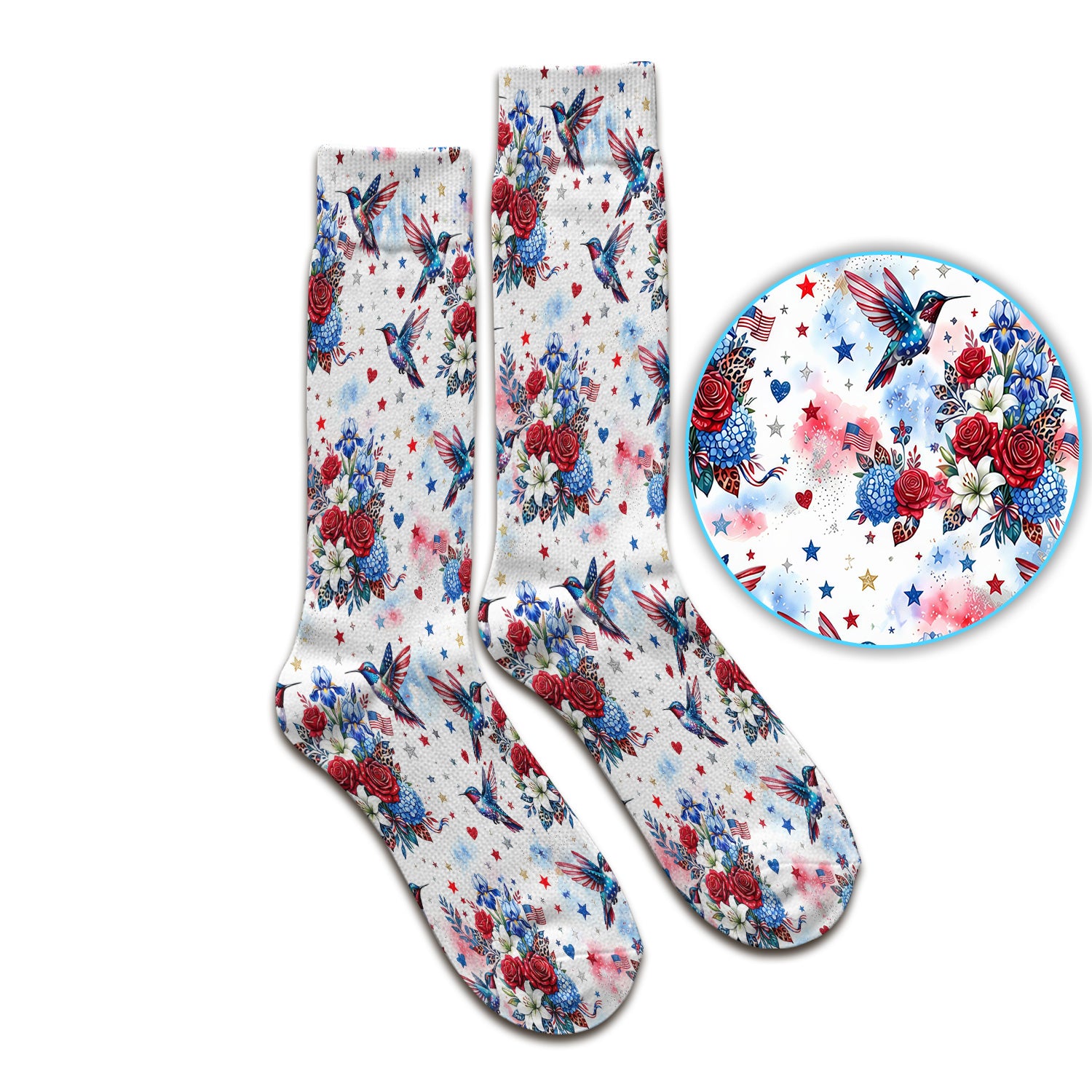 Patriotic Hummingbird Floral Bouquet Pattern Socks, Adult Socks for Men and Women