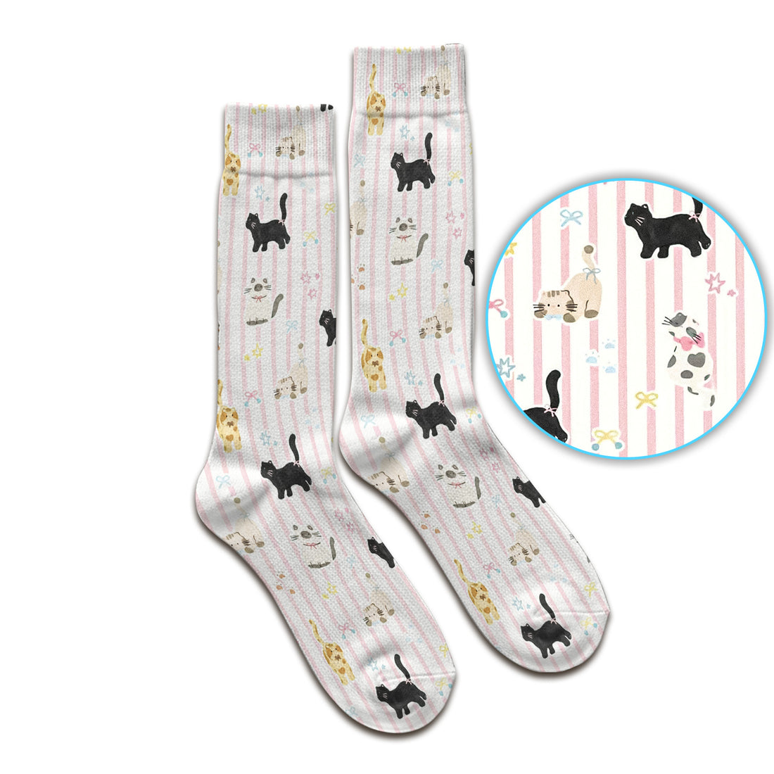Cute Playful Cat Stripe Ribbon Pattern Socks, Adult Socks for Men and Women