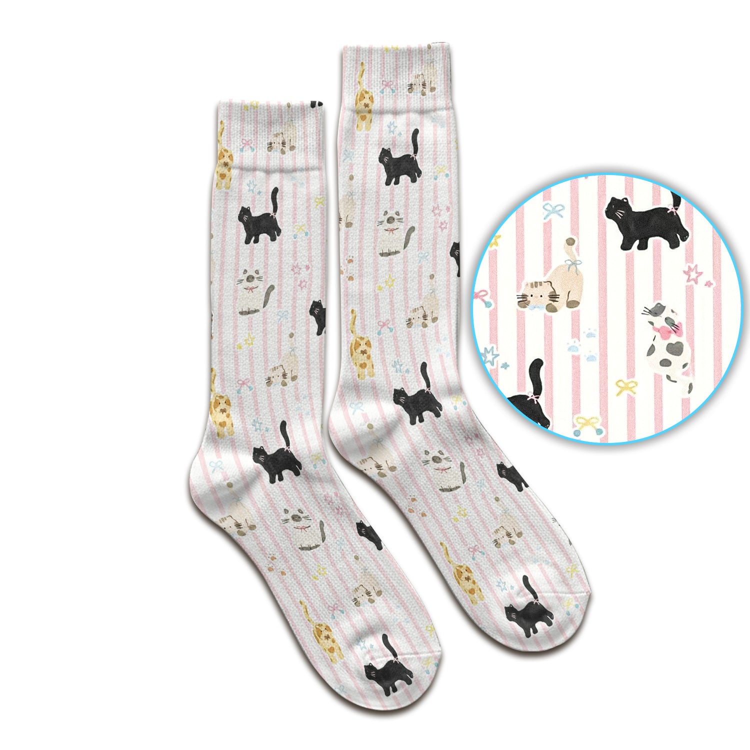 Cute Playful Cat Stripe Ribbon Pattern Socks, Adult Socks for Men and Women