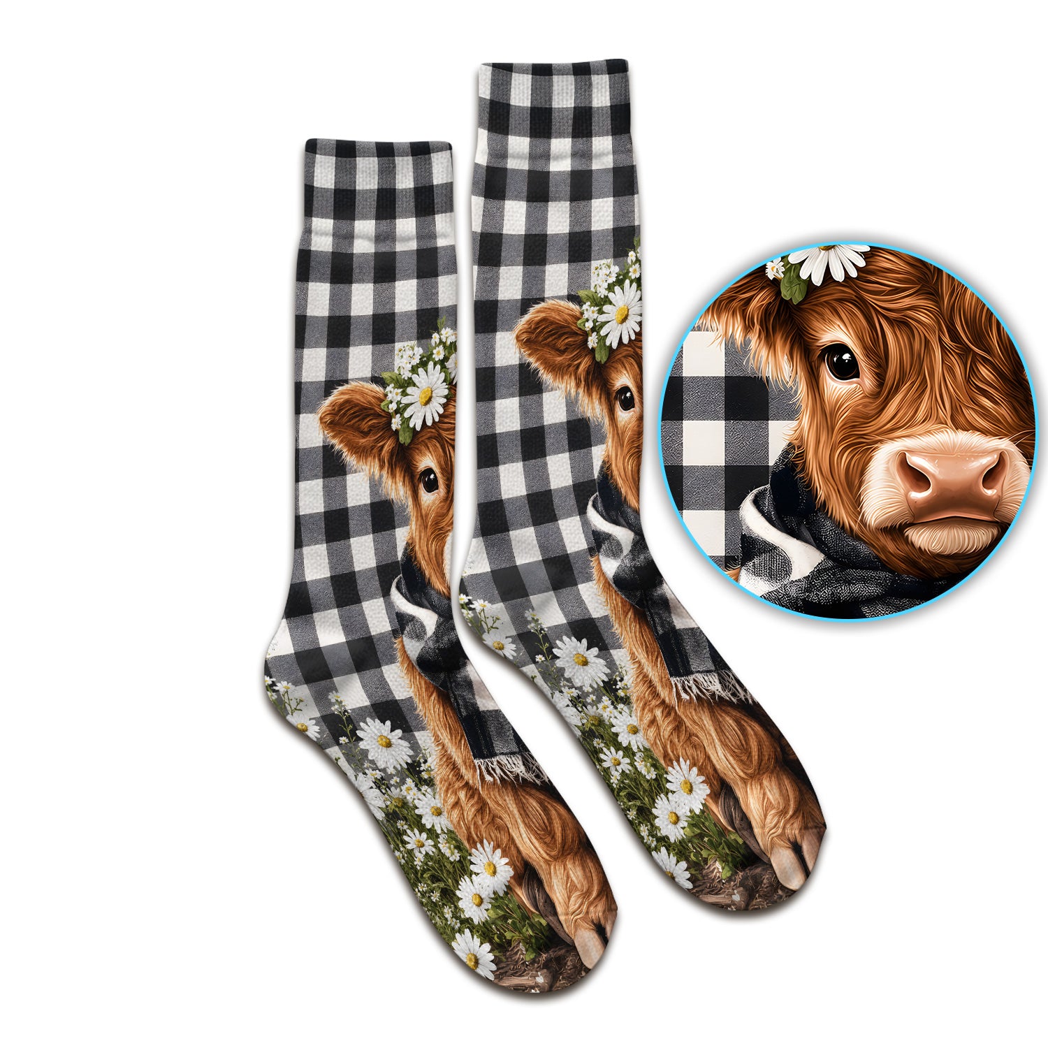 Highland Cow Daisy Pattern Socks, Adult Socks for Men and Women