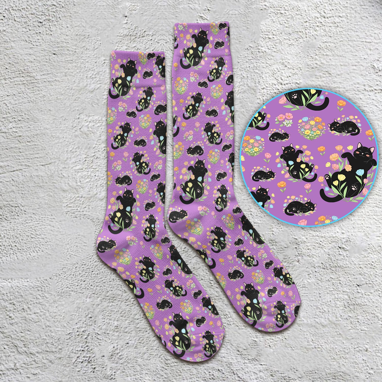 Cats With Cute Poses Floral Pattern Socks, Adult Socks for Men and Women