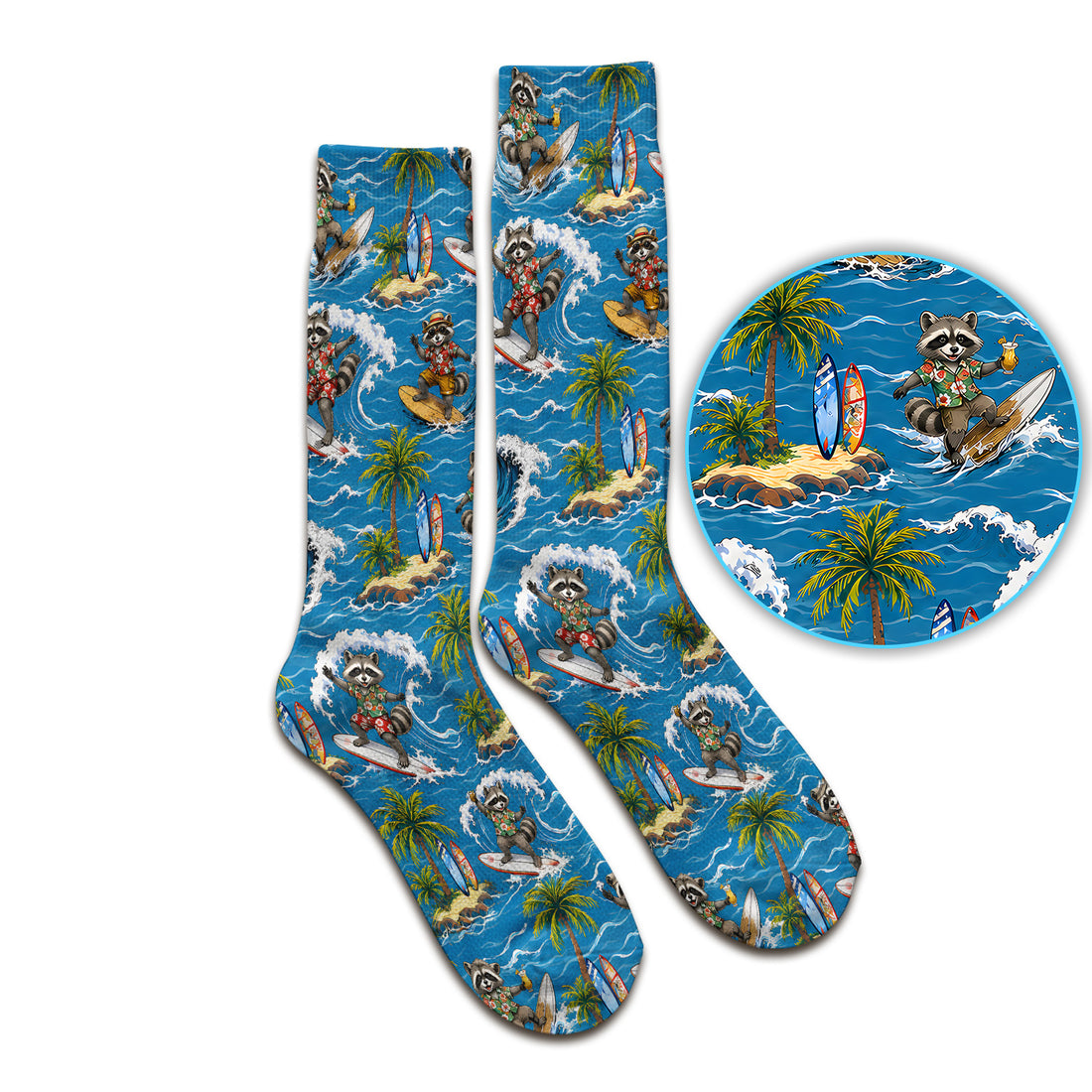 Tropical Surfing Raccoon Island Pattern Socks, Adult Socks for Men and Women