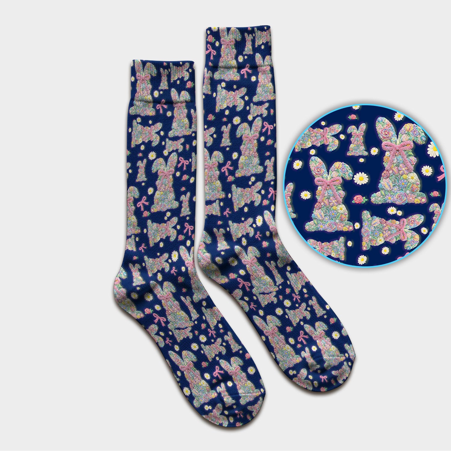Colorful Floral Bunny with Pink Bow Pattern Socks, Breathable Fabrics Medical Uniform